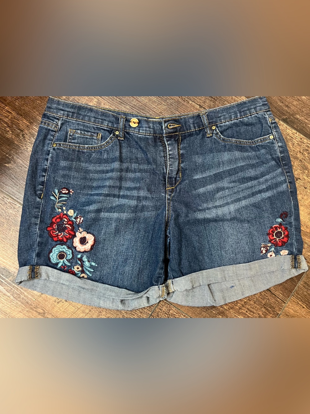Vintage America Denim Shorts with Red and Blue Floral Embroidery